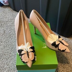 kate spade blush pink pointed-toe pumps with butterfly appliqués